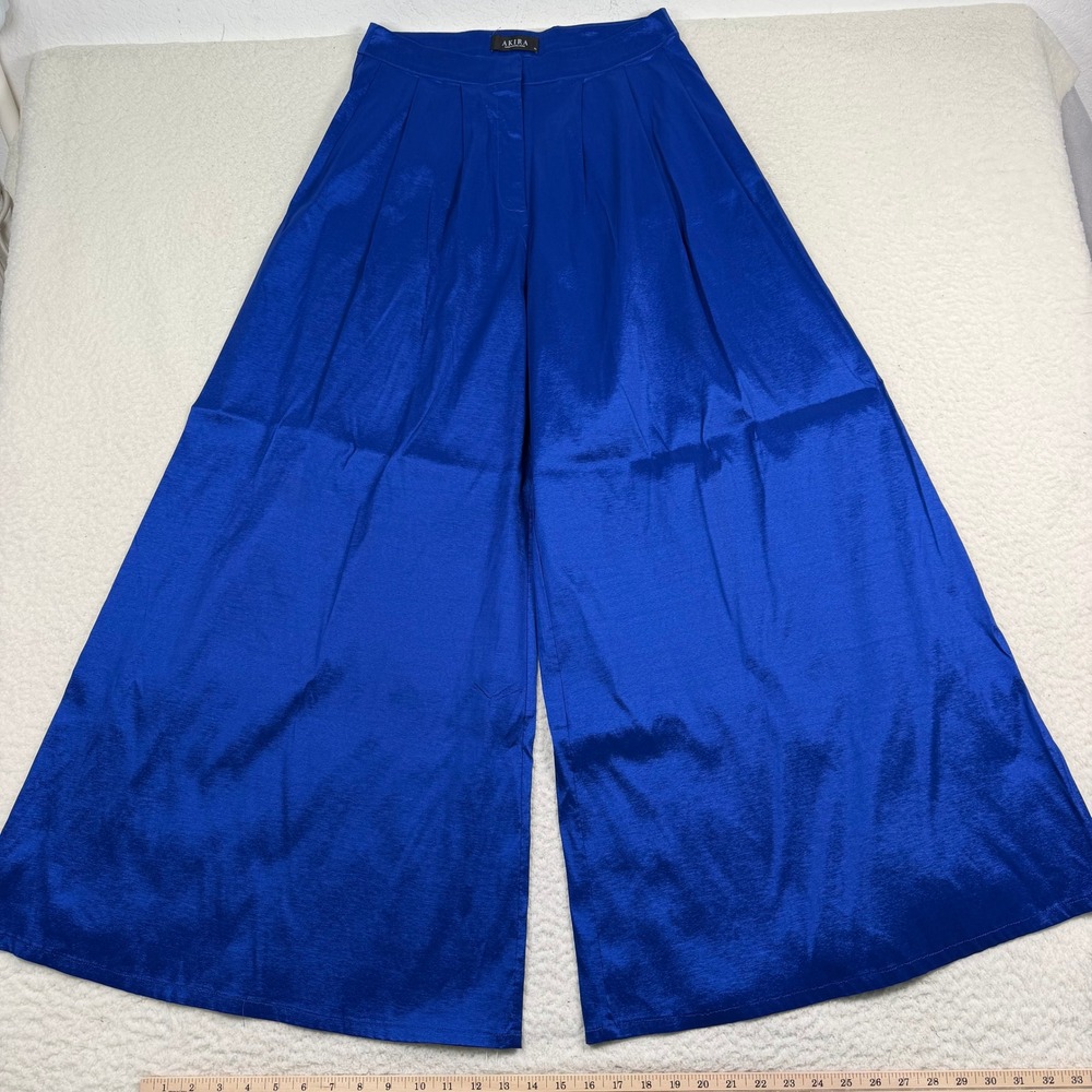 Akira Wide Leg Pants Women XL Royal Blue Satin Pleated High Rise Palazzo Party